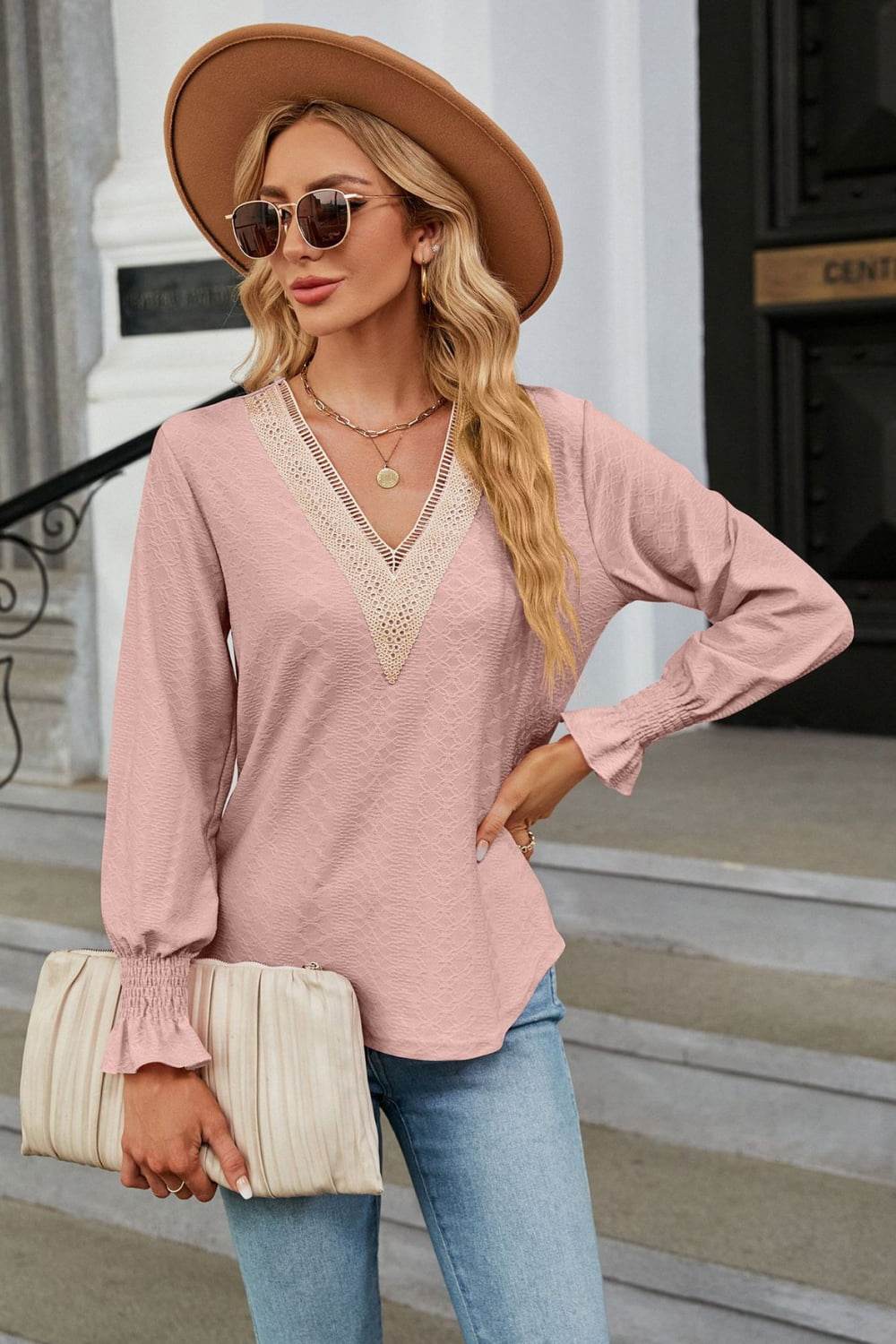 V-Neck Flounce Sleeve Blouse Trendsi d38b62e388c042e2a893690ca80dbdf8-Max