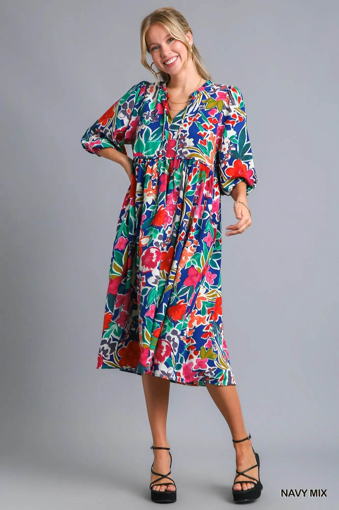 Umgee Floral Print Tie Neck Midi Dress with Pockets NAVY MIX Trendsi d39a1ea6-6bdb-4d51-8318-22b91273454f-Max-Origin
