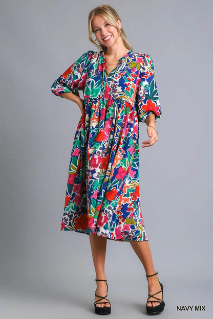 Umgee Floral Print Tie Neck Midi Dress with Pockets NAVY MIX Trendsi d39a1ea6-6bdb-4d51-8318-22b91273454f-Max-Origin