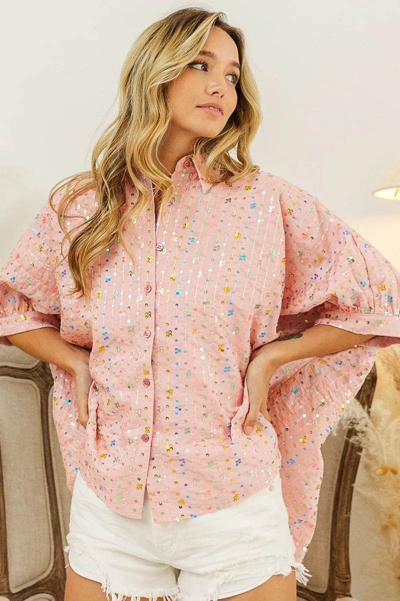 BiBi Sequin Striped Short Dolman Sleeve Blouse Trendsi d3daa1c896a44fed87540d03045c6f1e-Max-Origin