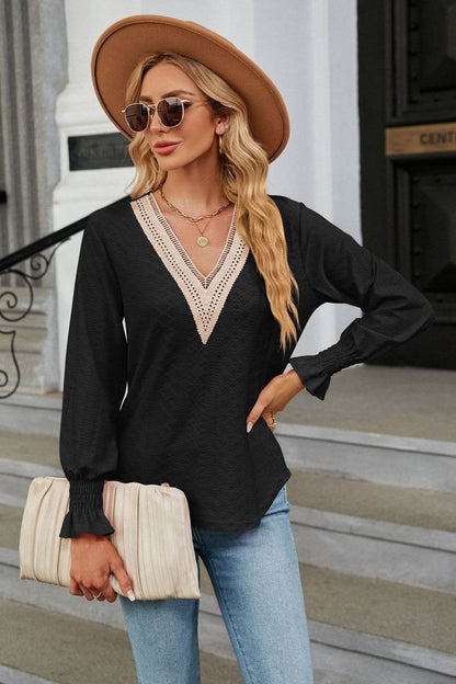 V-Neck Flounce Sleeve Blouse Trendsi d4208f7ec5ba493d87c2f5658eaa421a-Max