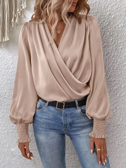 Surplice Smocked Lantern Sleeve Blouse Tan Trendsi d4290abc221e4fc6843a2170f9ee5369-Max
