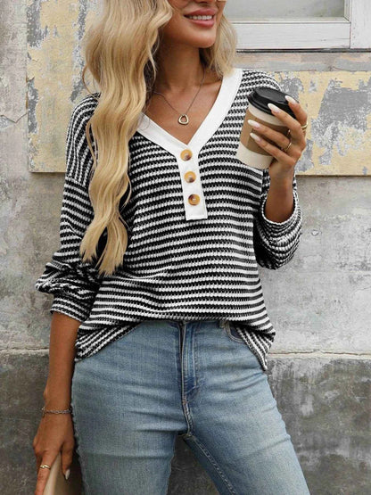 Striped V-Neck Button Front Casual Top Black Trendsi d42a9404aadf45c186e9da39d82d9cda-Max-Origin