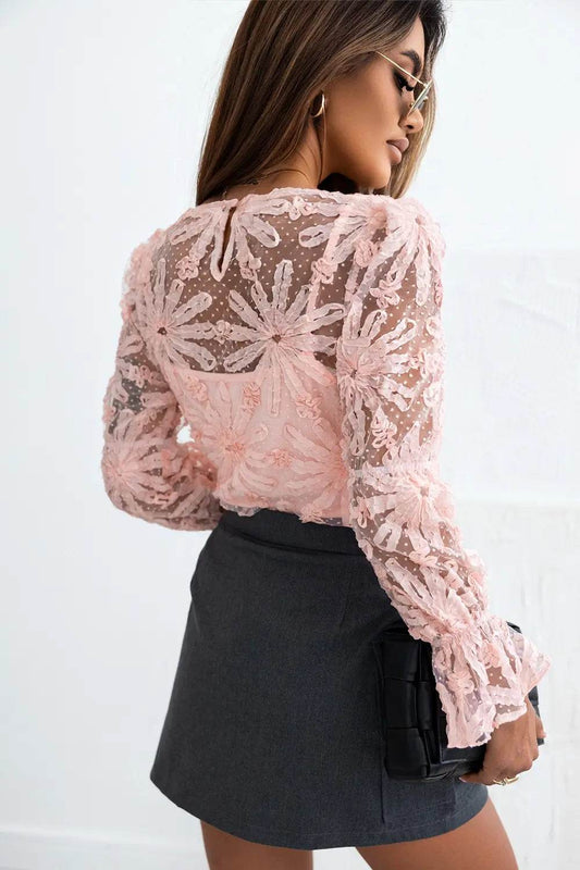 Flower Dotted Ruffled Sleeve Mesh Top Trendsi d42ff85132994d828fc09f7eda0baff2-Max