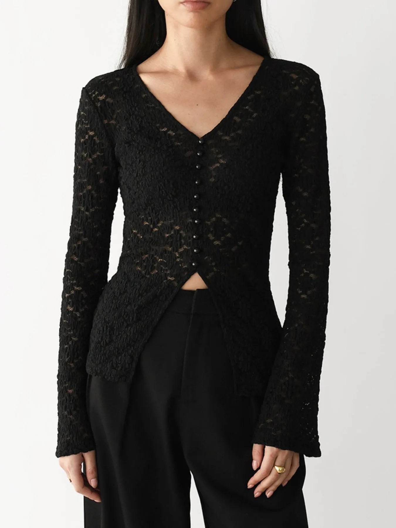 Lace V-Neck Flare Sleeve T-Shirt Black Trendsi d44a45cc-4be7-41df-a520-43d6aa8e70fd-Max-Origin