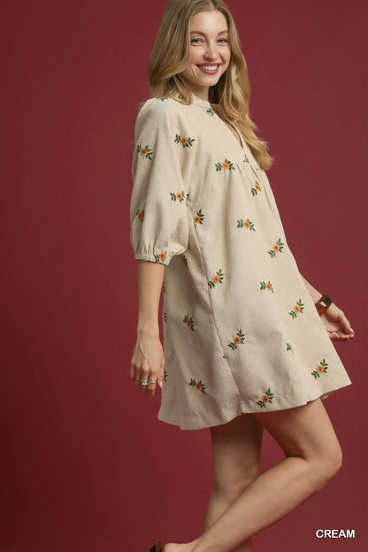 Umgee Corduroy Babydoll Dress with Floral Embroidery Trendsi d4853576-94f7-42c7-a591-d1b41a90bd64-Max-Origin