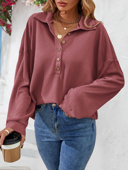 Half Button Collared Neck Long Sleeve Top Cerise Trendsi d4992461dd3249e7bf06dc2d38feb2fe-Max