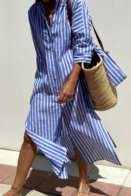 Tied Button Up Three-Quarter Sleeve Dress Royal Blue Trendsi d49a0ed6-6030-42d6-adf7-eb910731393e-Max