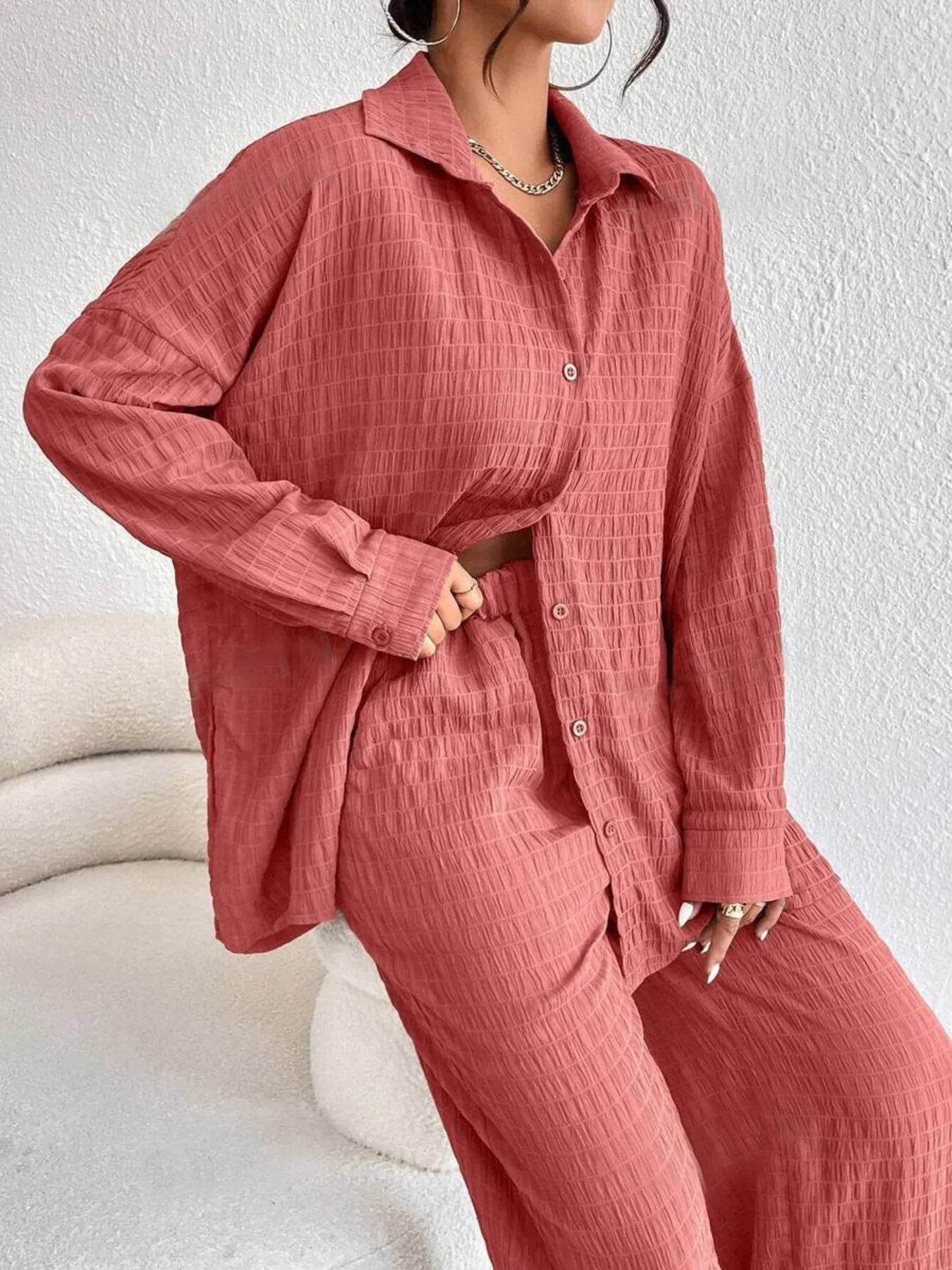 Button Up Long Sleeve Shirt and Pants Set Trendsi d49feae18de748a18453ae5072f00177-Max-Origin