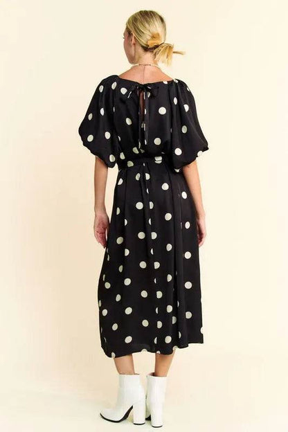 Davi & Dani Polka Dot Puff Sleeves Waist Tie Midi Dress Trendsi d4da5abc1bcc4ab883f6d67184471dd2-Max-Origin