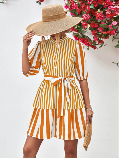 Striped Half Sleeve Tie Waist Mini Dress Trendsi d4f43a298e8042b99a48440649c1beb8-Max