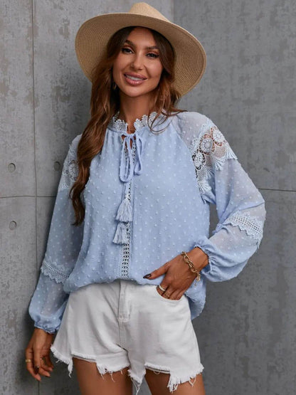 Crochet Tassel Tie Neck Long Sleeve Blouse Misty Blue Trendsi d5006a05f25c482c8c743e3195aae995-Max
