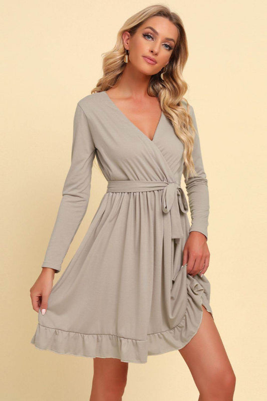 Long Sleeve Tie Waist Ruffle Hem Dress Tan Trendsi d513c223d5c64cca833324f2243722b4-Max
