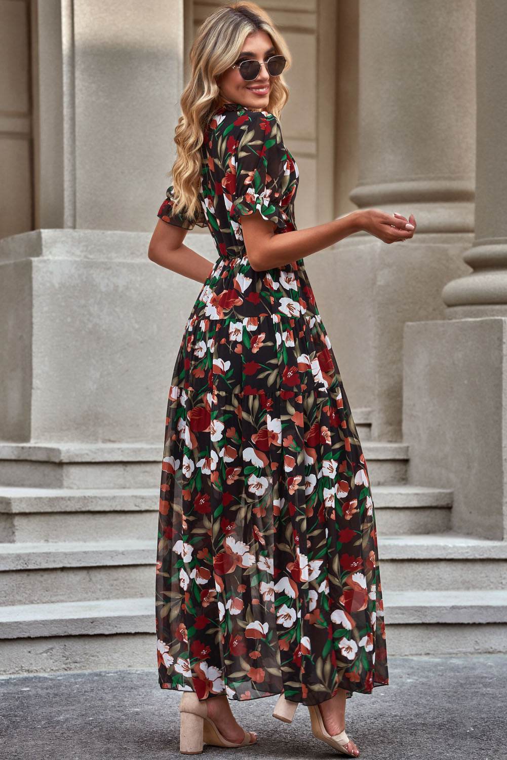 Floral V-Neck Short Flounce Sleeve Dress Trendsi d535425b6cac41318ca644480c7fd9a7-Max