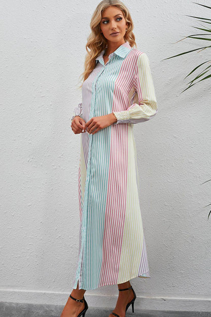 Rainbow Stripe Button-Up Maxi Shirt Dress Trendsi d54aed2962c641b7bfb6dc0f3b2fff57-Max