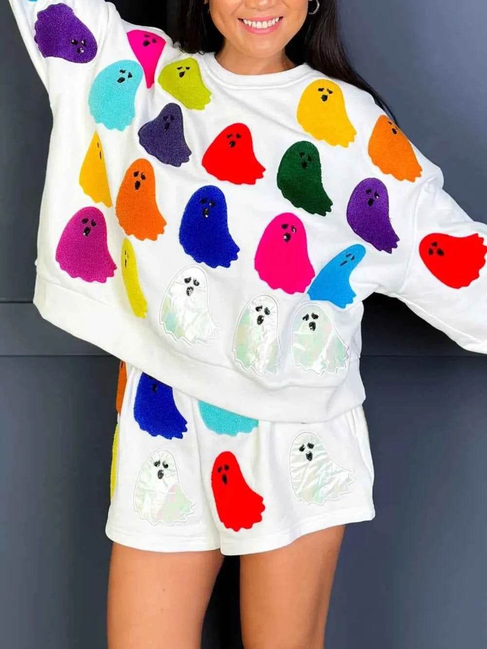 Ghost Printed Round Neck Long Sleeve Top and Shorts Set Trendsi d552ed2a-db15-4cbf-bff5-2f775f06f110-Max