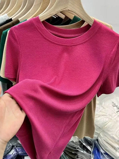 Crew Neck Short Sleeve T-Shirt Cerise Trendsi d558778f899c4d418fdb1370d5b2eafd-Max-Origin