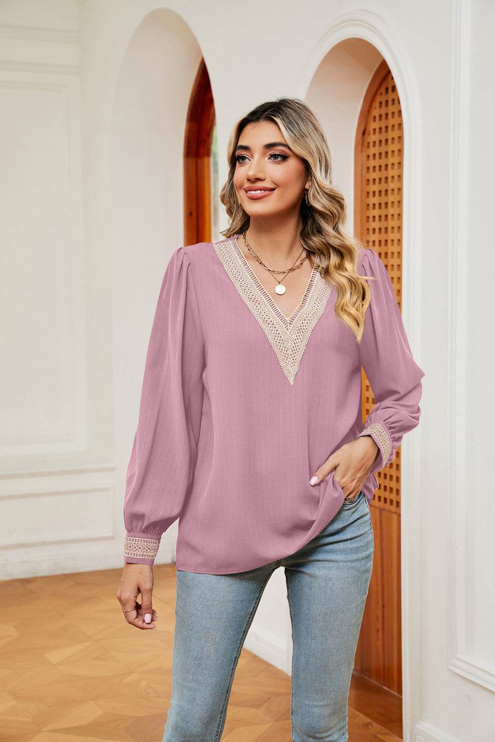 Contrast Puff Sleeve Blouse Blush Pink Trendsi d55b66d93904498cae8dc07befa47634-Max