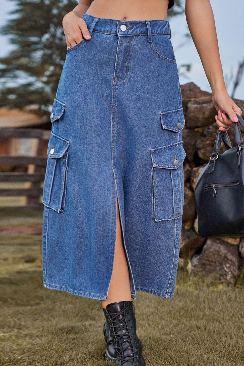Slit Front Midi Denim Skirt with Pockets Medium Trendsi d5687cd134b347b1b69828b27d925095-Max
