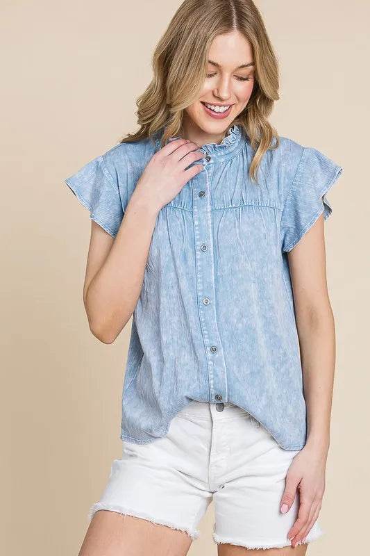 Lime 'N' Chili Mineral Wash Flutter Sleeve Button Down Shirt Trendsi d5733af2-11ee-470e-8178-e400847e7a94-Max