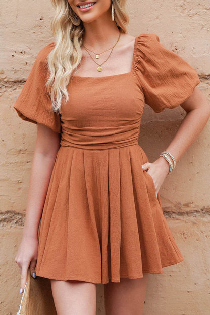 Square Neck Pleated Romper with Pockets Ochre Trendsi d57b5c82883741df8bafefdeb556c013-Max