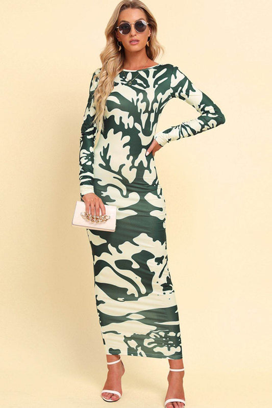 Printed Backless Long Sleeve Maxi Dress Green Camouflage Trendsi d589ff0348154131ad4a4400a3e32ebe-Max