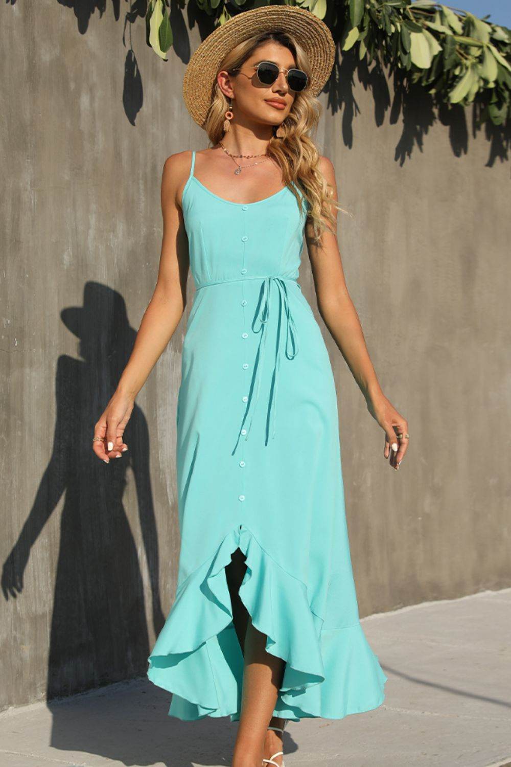 Shiny Decorative Button Spaghetti Strap Ruffle Hem Dress Trendsi d59db156cb75486594144690ffd58c6f-Max
