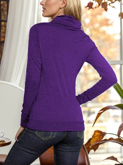 Shiny Buttoned Mock Neck Long Sleeve Blouse Trendsi d5a2b8f8965843428de878d27d73ae58-Max