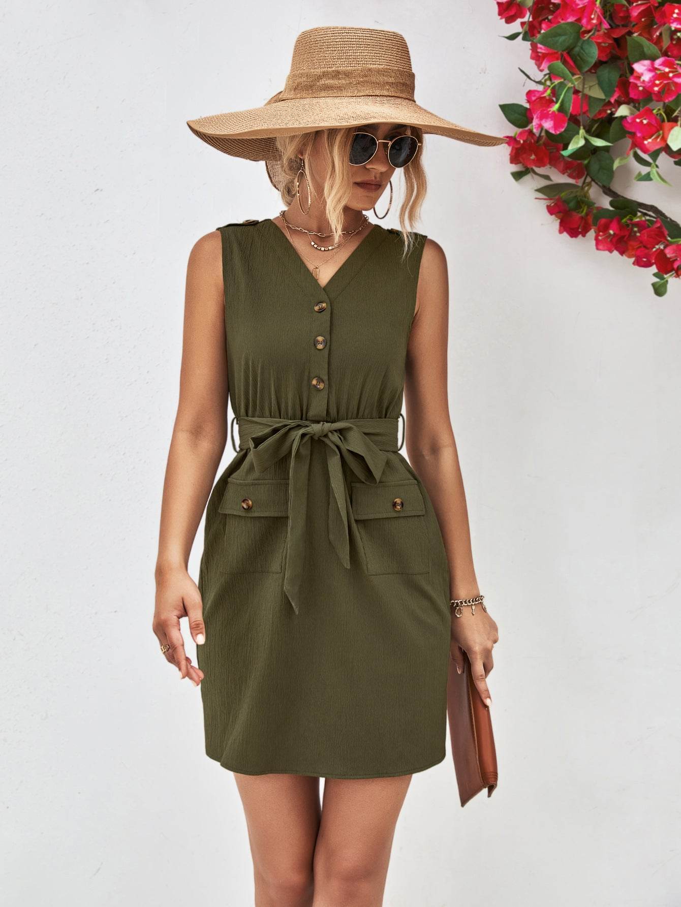 Buttoned V-Neck Belted Sleeveless Dress Trendsi d5c33f2eb3ff4b66b5cc1d078dfdfe25-Max