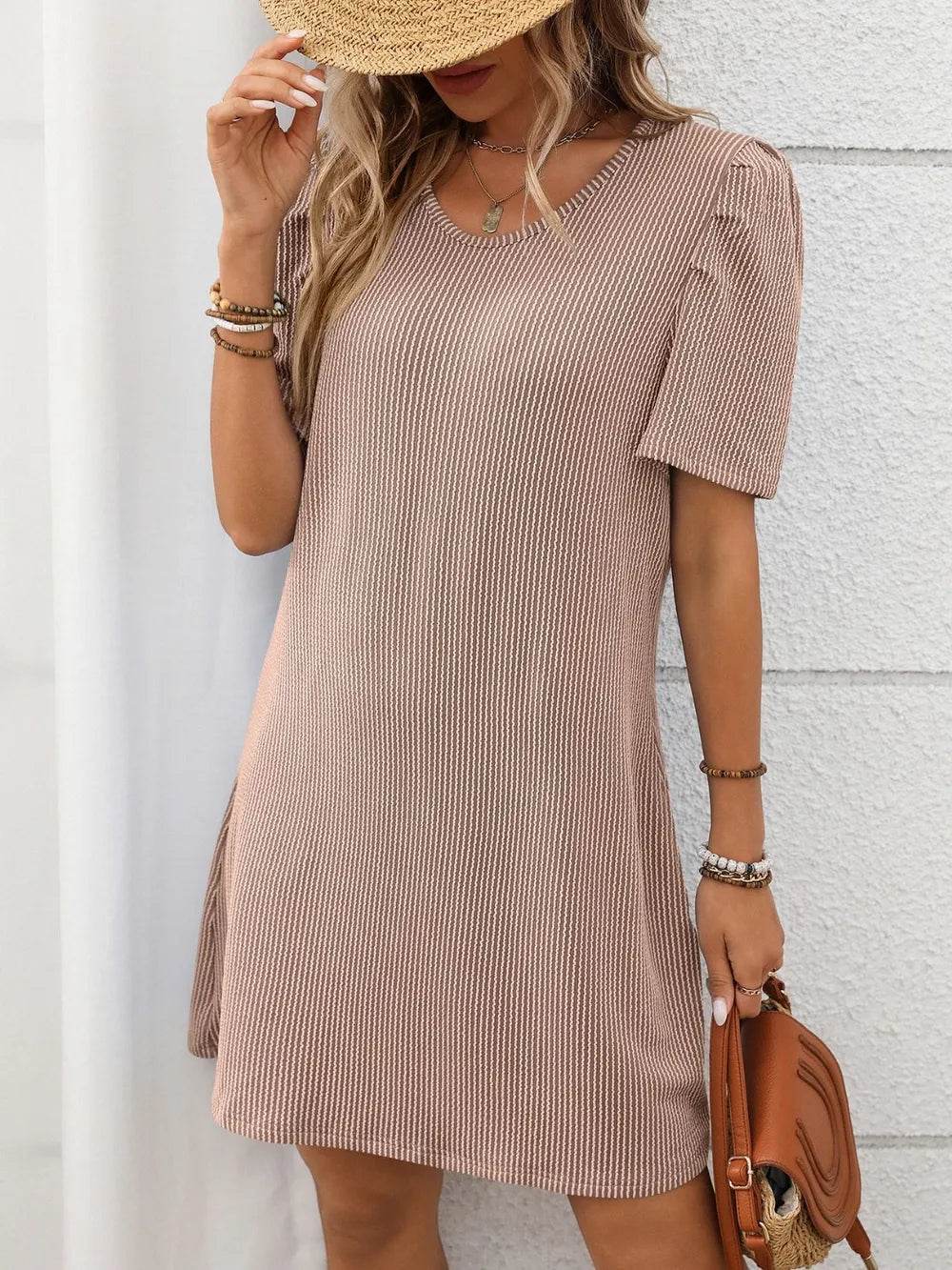 Textured Round Neck Short Sleeve Mini Dress Trendsi d5cc85a4-a218-406c-b67e-93e00ffbf0f1-Max