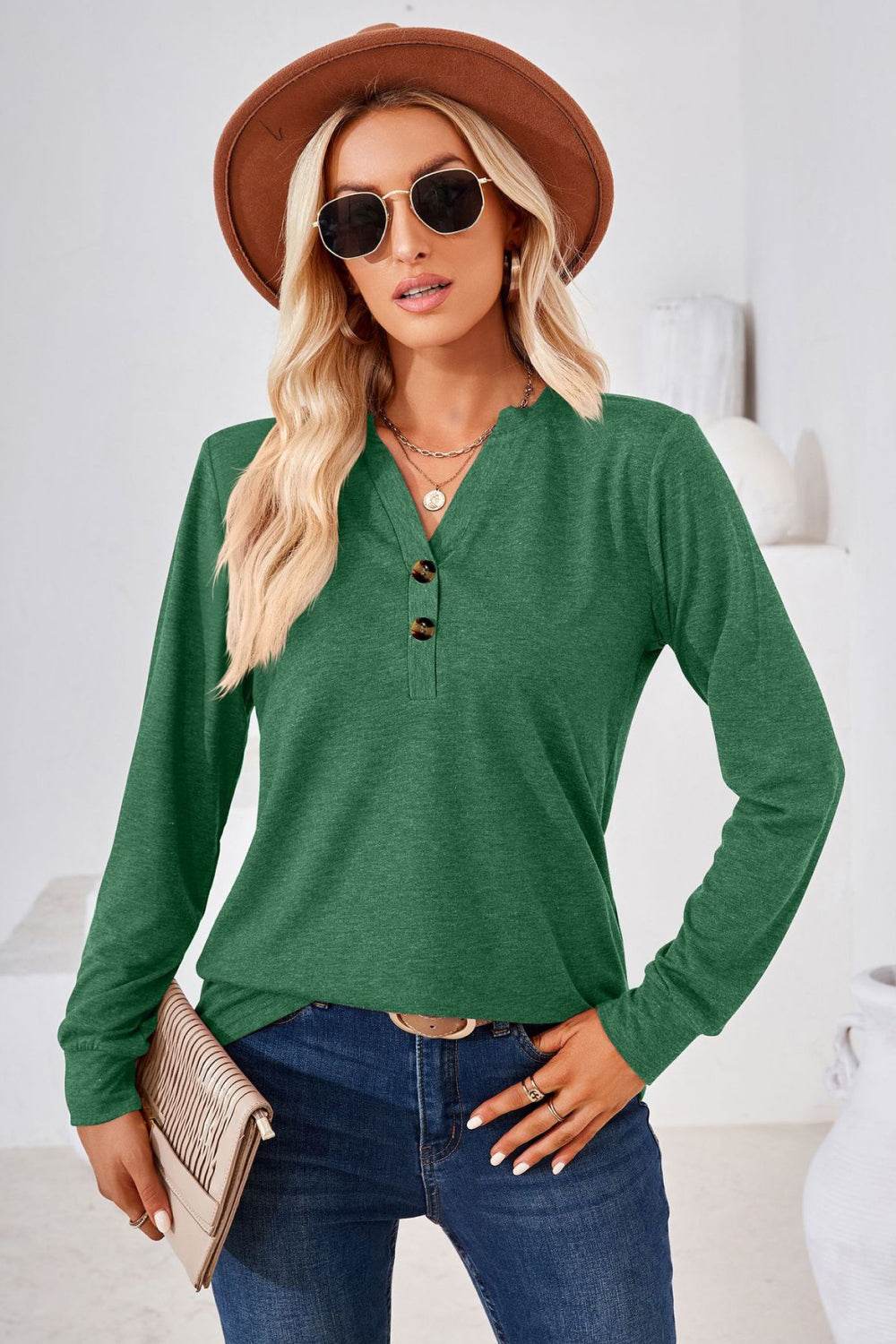 V-Neck Buttoned Long Sleeve Blouse Trendsi d5d2347860514b06a2f3e68545e0ca0b-Max