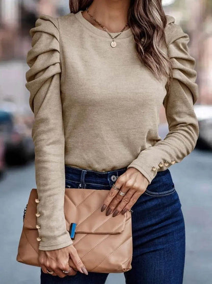 Round Neck Puff Sleeve Sleeve Blouse Beige Trendsi d5fe4f80b4c54d3480f5c42e005c5287-Max