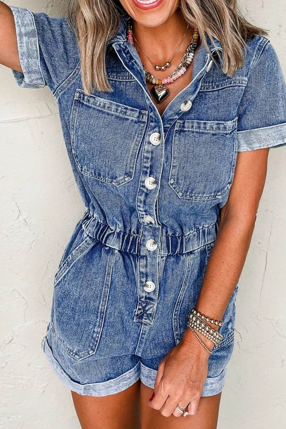 Chest Pocket Front Buttoned Folded Edge Denim Short Sleeve Romper Medium Trendsi d64e2a15-53c8-44ee-9f89-278d14f19552-Max-Origin