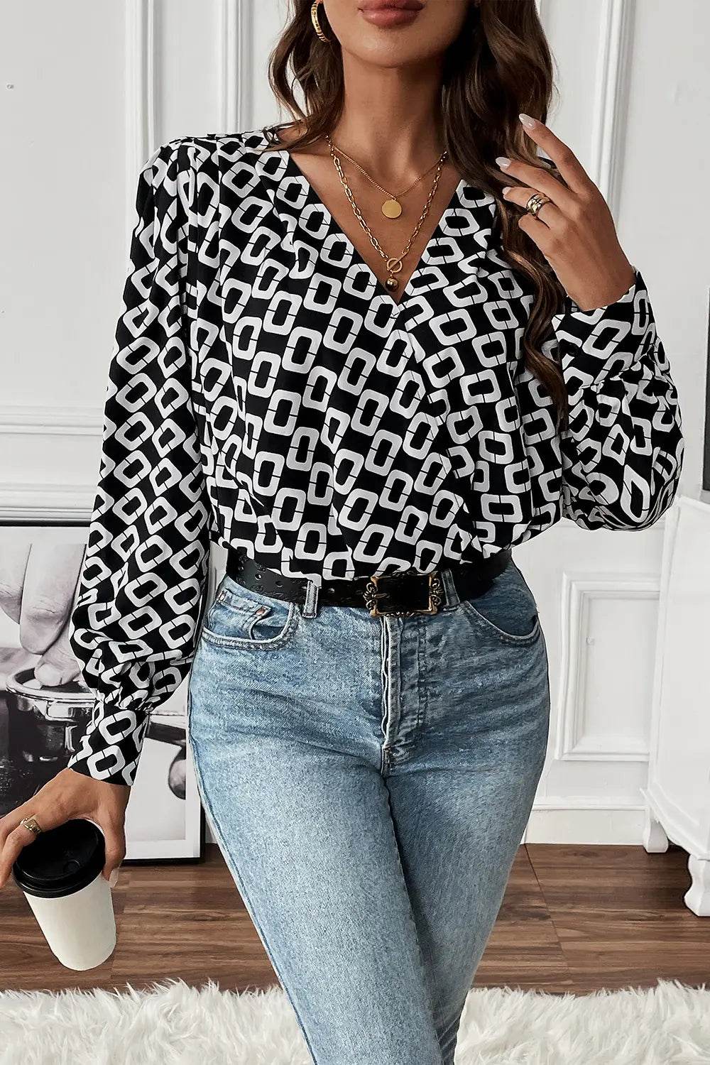 Perfee Geometric V-Neck Long Sleeve Blouse Trendsi d664c85461b34e02b33c83cd07d39f09-Max