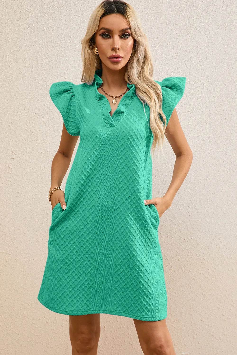 Ruffled V-Neck Cap Sleeve Mini Dress Turquoise Trendsi d66c3f38-3087-422b-92d0-4171a85d0e69-Max