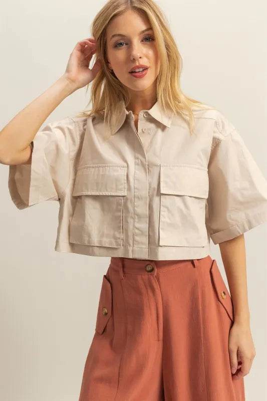 HYFVE Front Pockets Poplin Collared Neck Crop Shirt Sand Trendsi d68fc297-b784-4430-9bc6-75c8827ef310-Max