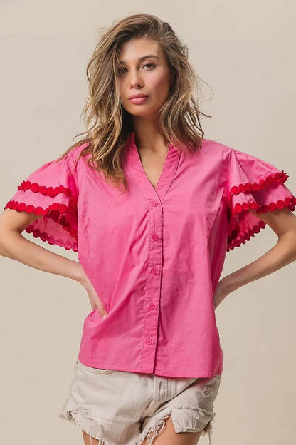 BiBi Dot Trim Flutter Sleeve Notched Top Trendsi d692af10acd34d518688b9eb1a314389-Max-Origin