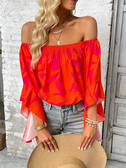 Printed Off-Shoulder Bell Sleeve Blouse Trendsi d6c882a2beed4f2aaad43ed5727a59fe-Max