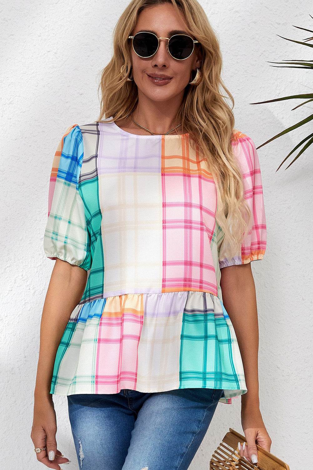 Round Neck Puff Sleeve Plaid Blouse Multicolor Trendsi d6ce88f0ceb3420095e1865aa0675395-Max