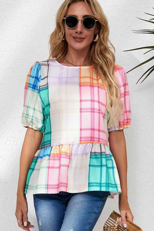 Round Neck Puff Sleeve Plaid Blouse Multicolor Trendsi d6ce88f0ceb3420095e1865aa0675395-Max