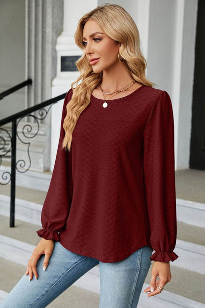 Round Neck Flounce Sleeve Blouse Trendsi d6f69b49fa9840b69cedc58f06c97ad7-Max