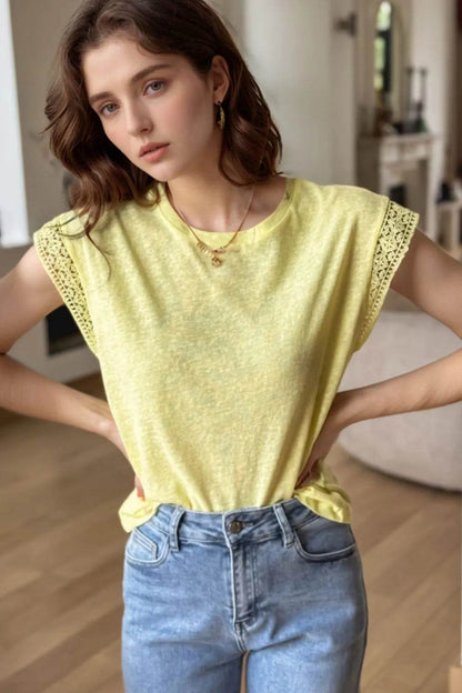 Lace Patchwork Cap Sleeve Round Neck T Shirt Light Yellow Trendsi d6ff3dd6-ba5e-411e-824d-27c5516a484d-Max-Origin