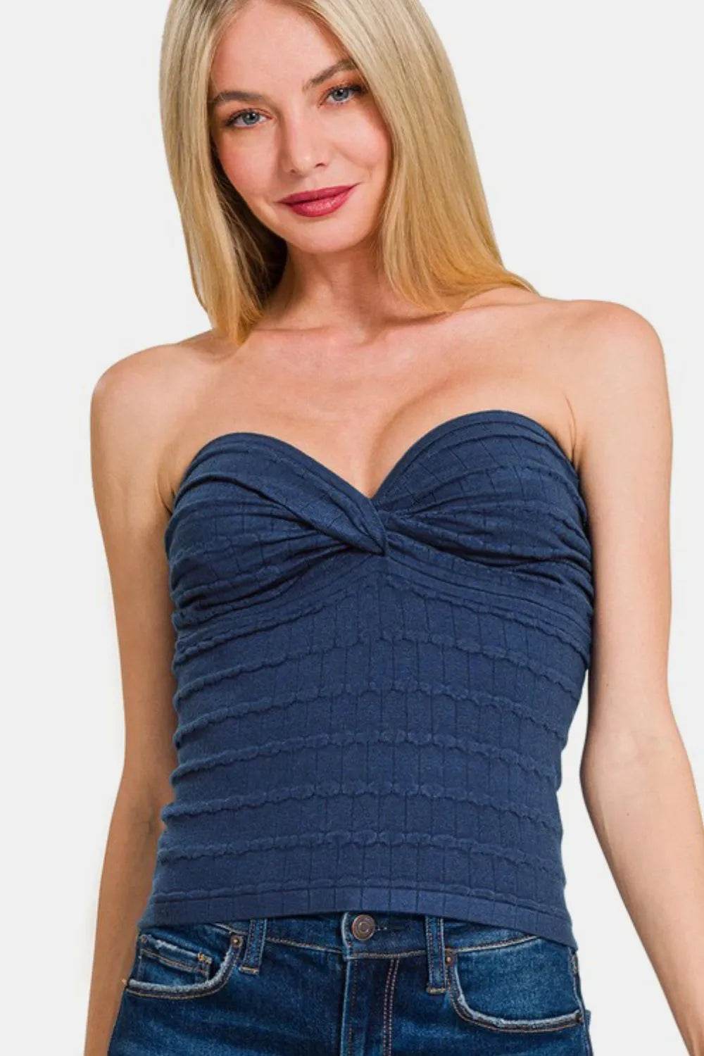Zenana Ruched Twisted Sweetheart Neck Top Lt Navy Trendsi d7186d9c-2cf6-4f4d-adda-6738411e797f-Max