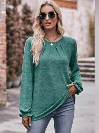Mandy Long Flounce Sleeve Round Neck Blouse Trendsi d7379dbfa2f544538c7e5bea388a370f-Max