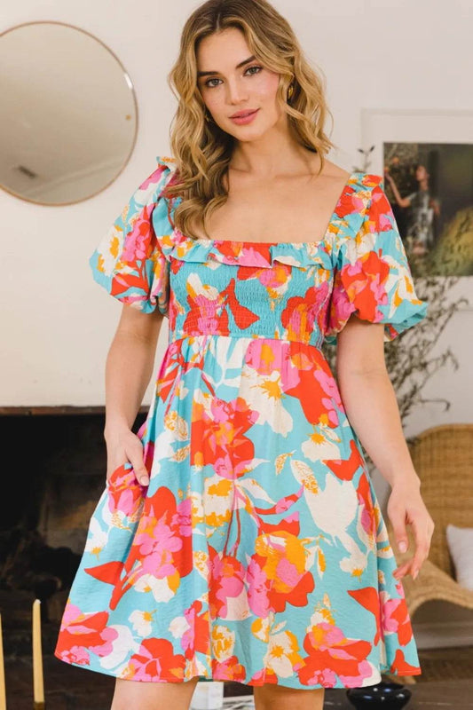 ODDI Printed Smocked Puff Sleeve Mini Dress Aqua Multi Trendsi d786285f-a01d-4720-8127-dd1a19399404-Max