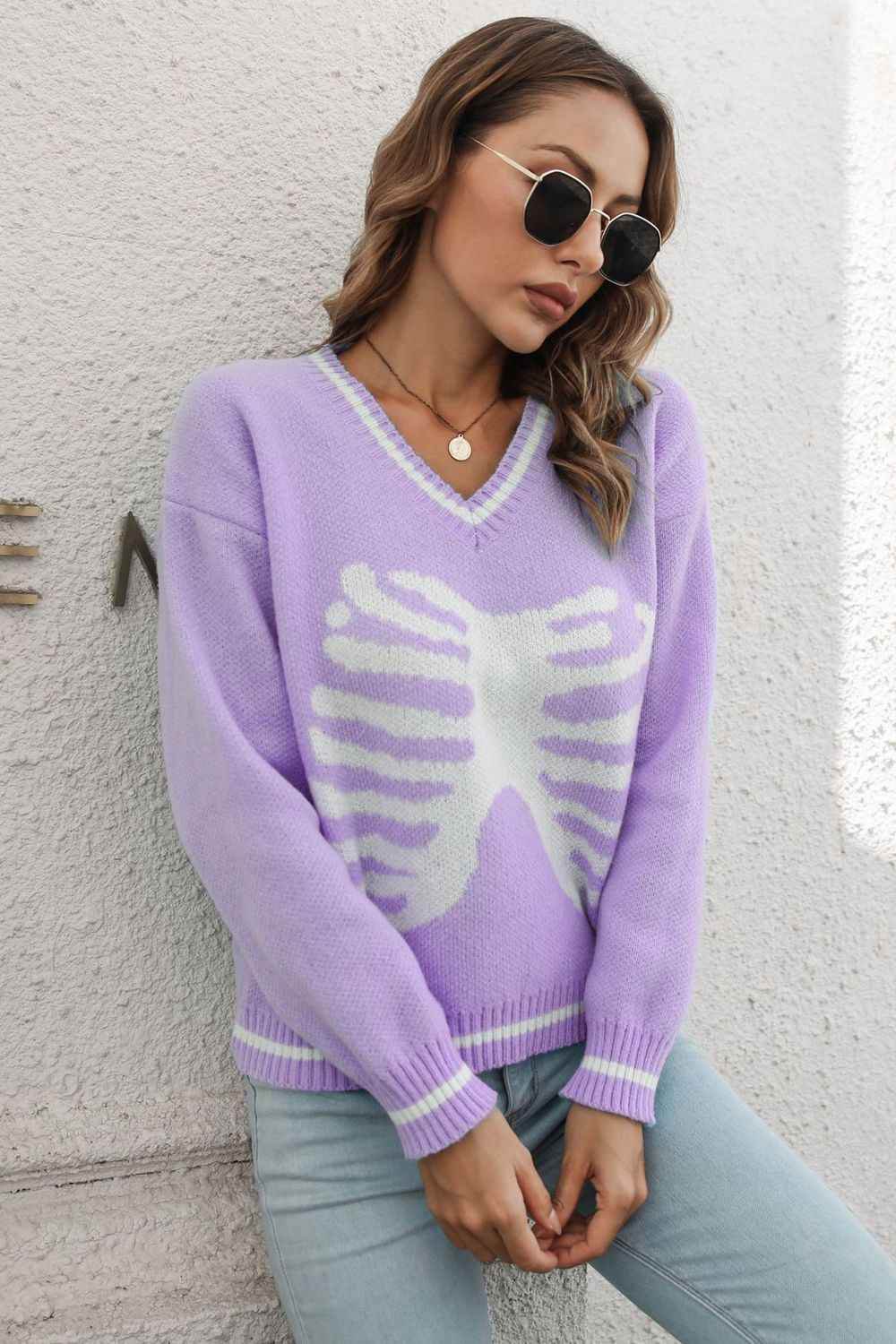 Skeleton Pattern V-Neck Long Sleeve Pullover Sweater Trendsi d7a37bdc39e842f1ae96c25592e054a2-Max