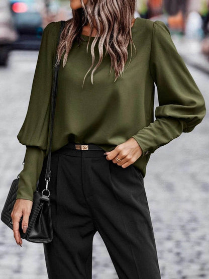 Round Neck Lantern Sleeve Blouse Trendsi d7a6002445e84f13b5907f48dd141d2c-Max