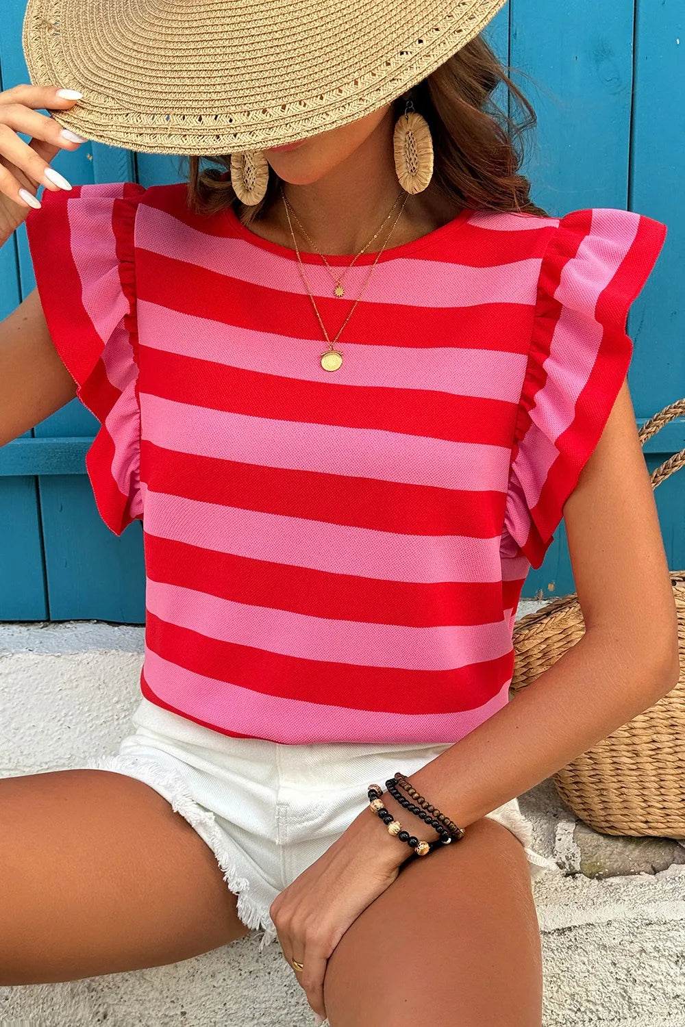 Striped Ruffle Sleeve Summer T-Shirt Strawberry Trendsi d7b3bf61-42db-45a5-9f6f-93f1d30f179d-Max-Origin