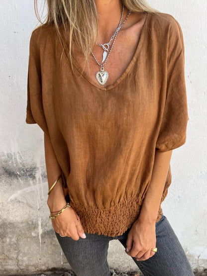Full Size Smocked Hem V-Neck Relaxed Fit T-Shirt Plus Size Ochre Trendsi d7e06fa0-0264-48c6-82ec-8989a52f9ba1-Max-Origin