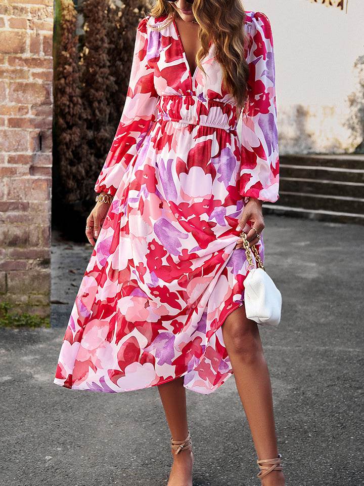 Devine Printed V-Neck Long Sleeve Midi Dress Strawberry Trendsi d7ebe19993ae43629fa54dfe1dd74e7e-Max